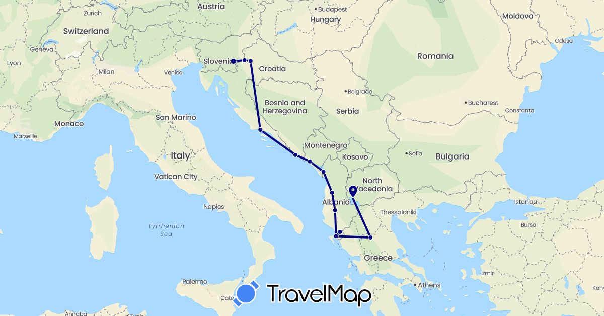 TravelMap itinerary: driving in Albania, Greece, Croatia, Montenegro, Macedonia, Slovenia (Europe)